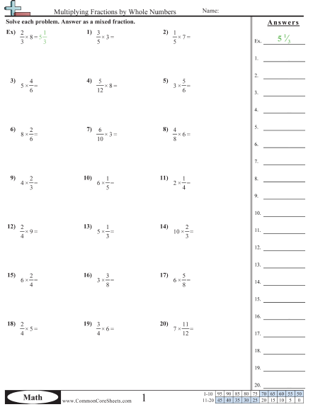 Fraction Worksheets - Multiplying Fractions by Whole Numbers  worksheet